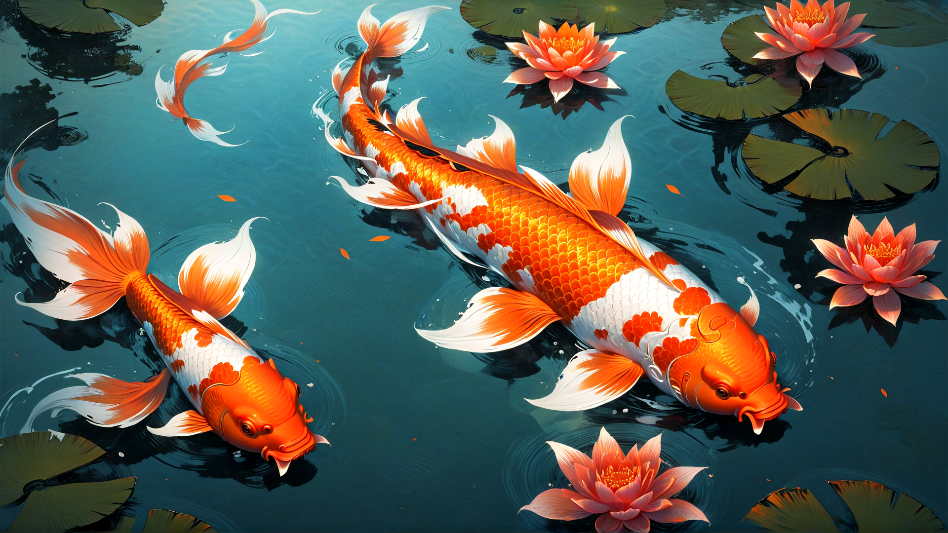 AI generated wallpaper featuring koi, lotus, water