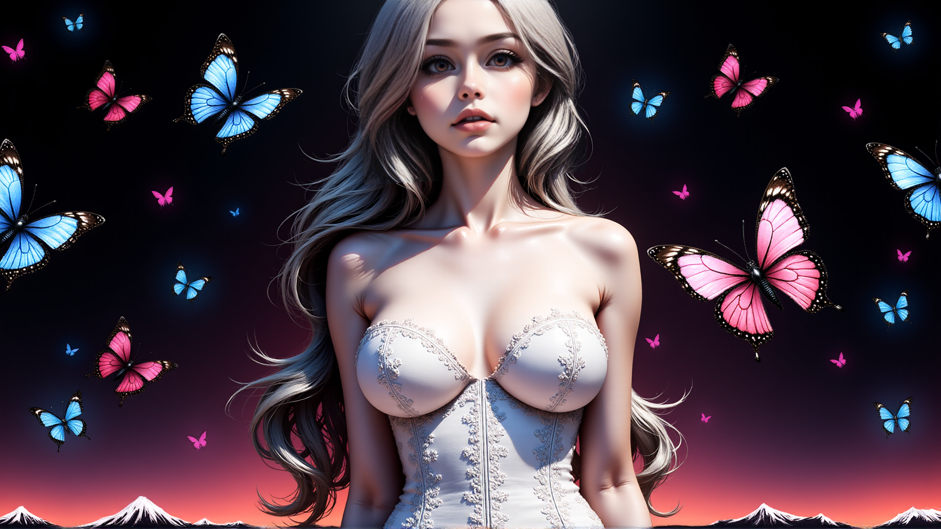 AI generated wallpaper featuring woman, butterflies, mountains