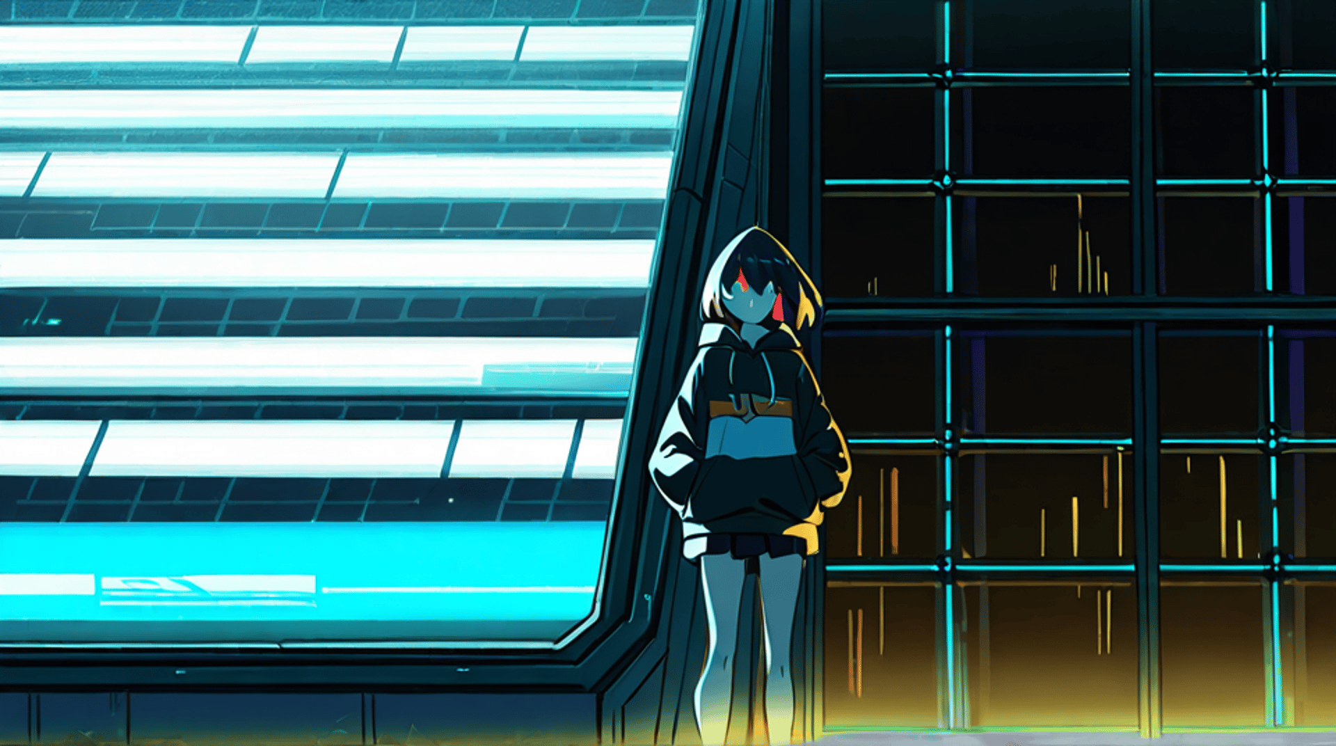 AI generated wallpaper featuring girl, hoodie, city