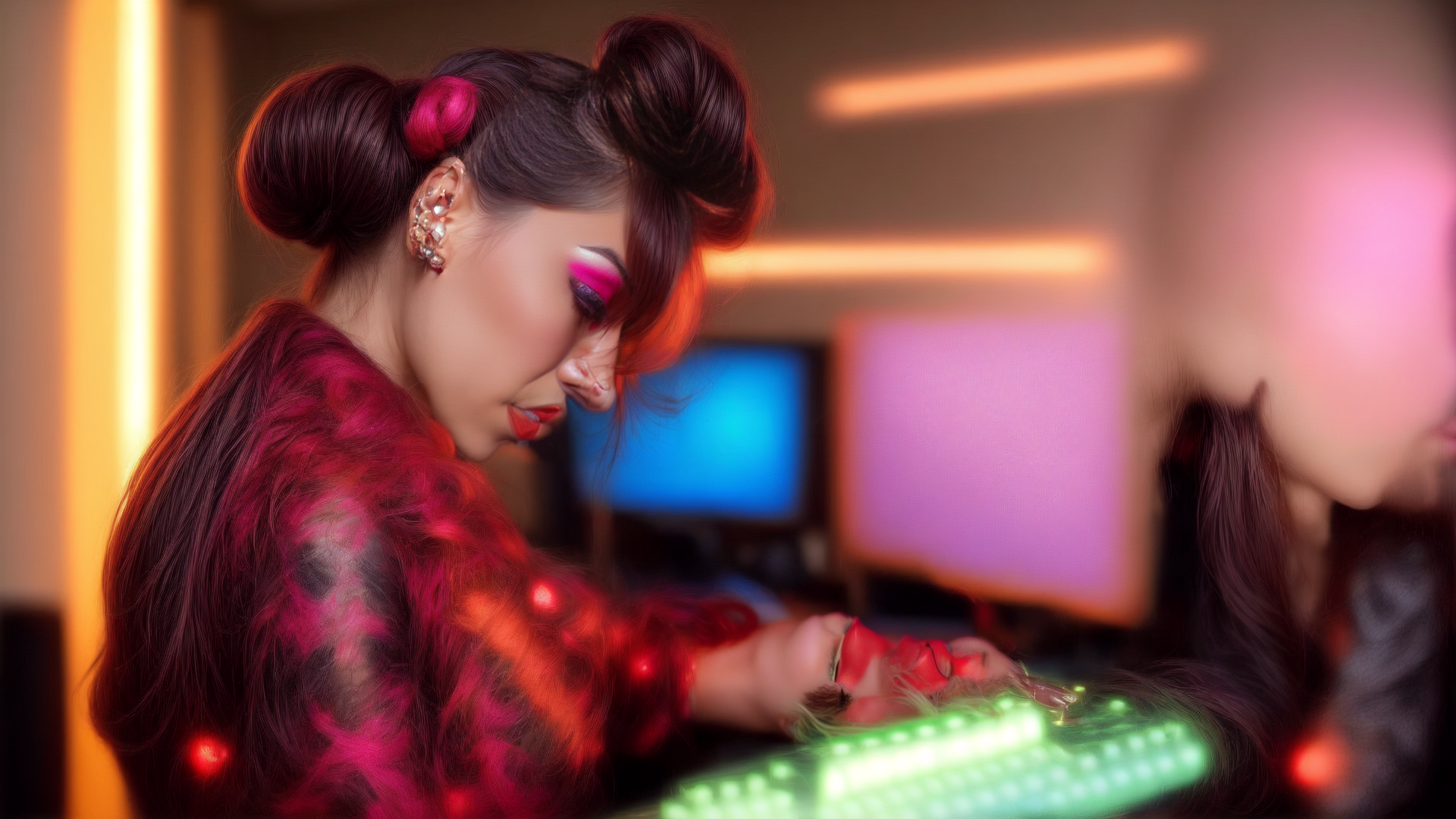 AI generated wallpaper featuring woman, gamer, keyboard