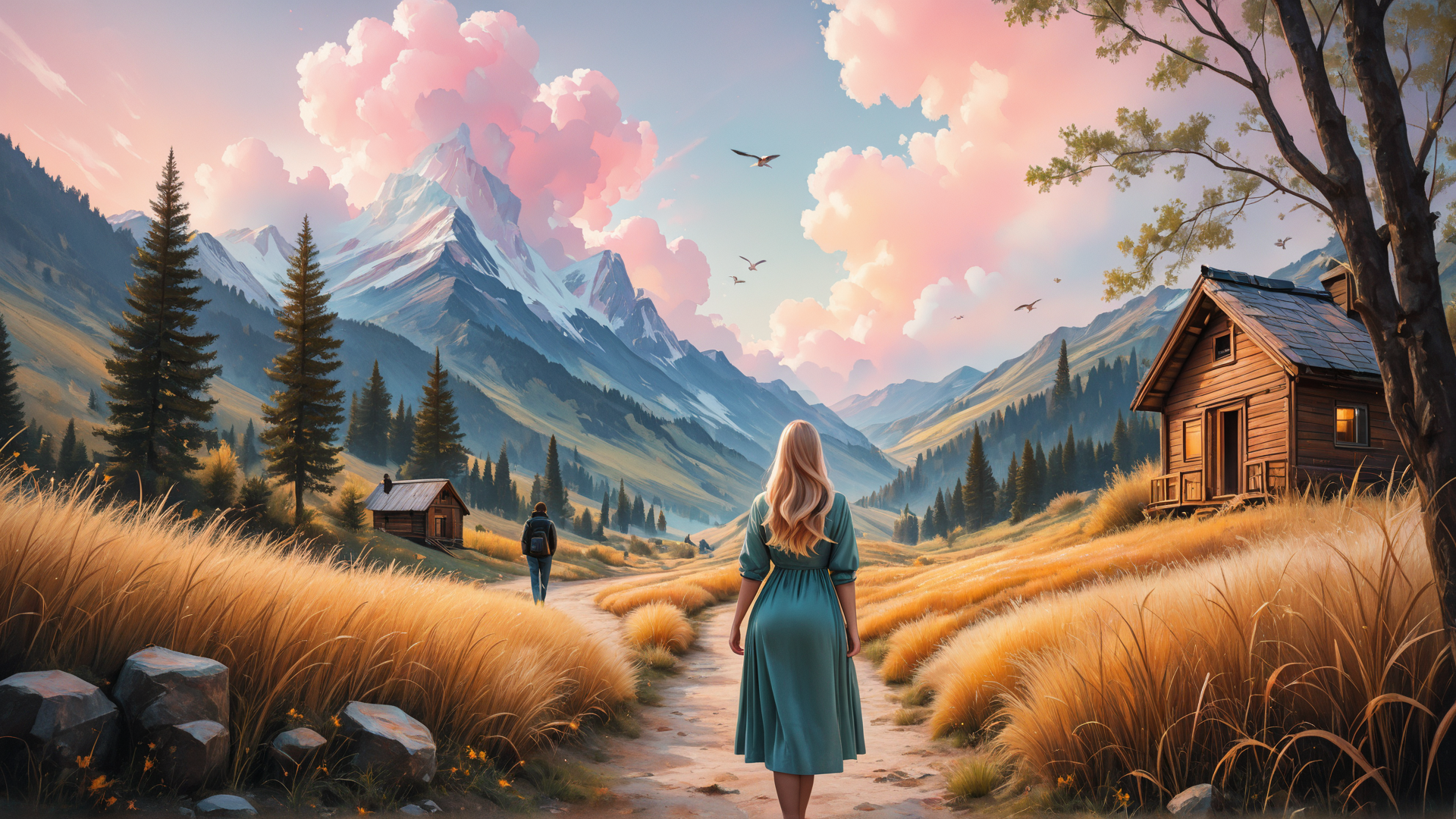 AI generated wallpaper featuring woman, mountains, cabin