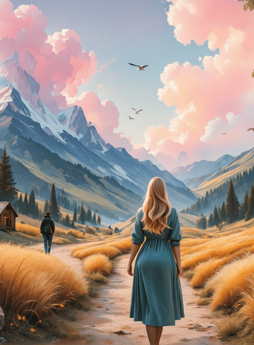 woman, mountains, cabin