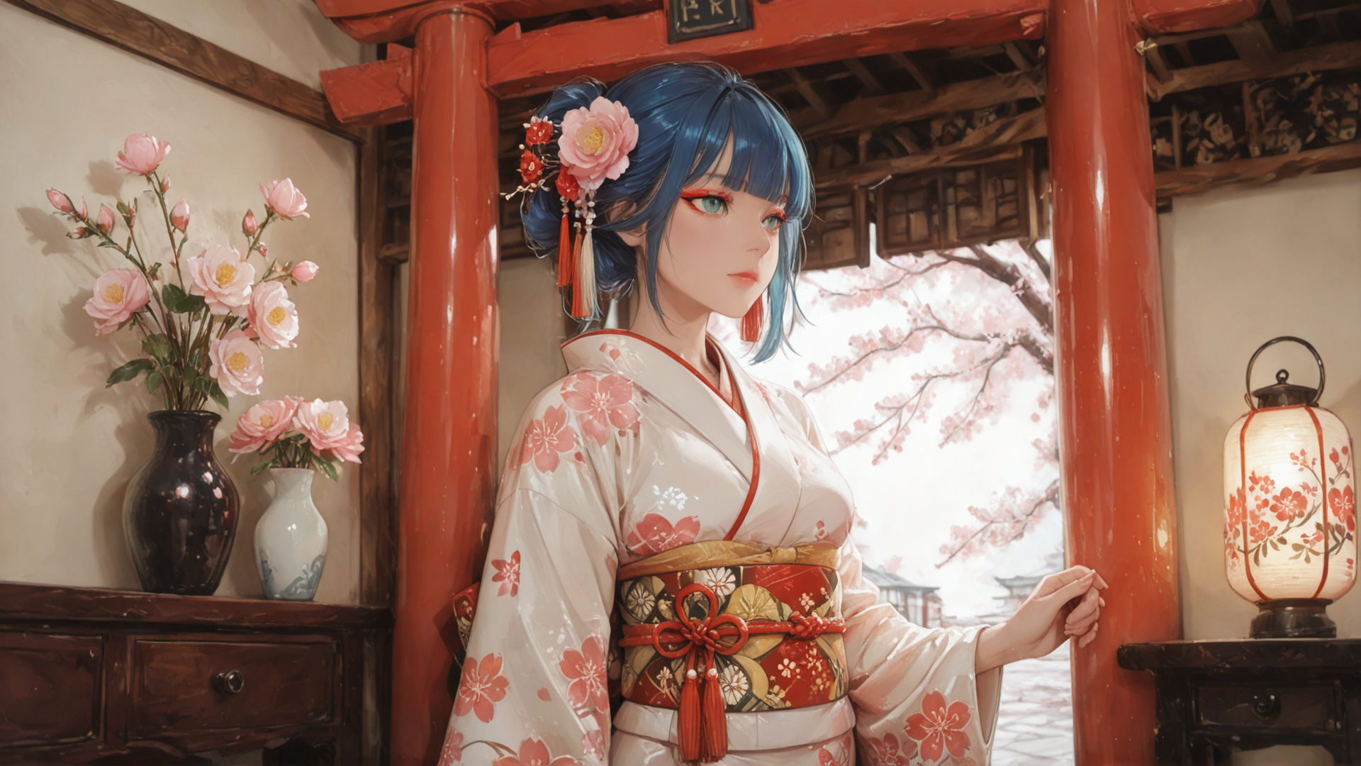 AI generated wallpaper featuring woman, kimono, cherry blossoms, lantern, vase, flowers, columns, traditional, door, hair ornament