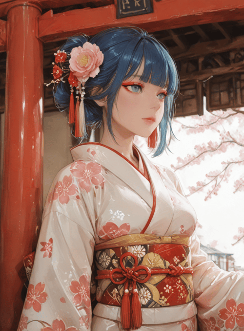 woman, kimono, cherry blossoms, lantern, vase, flowers, columns, traditional, door, hair ornament