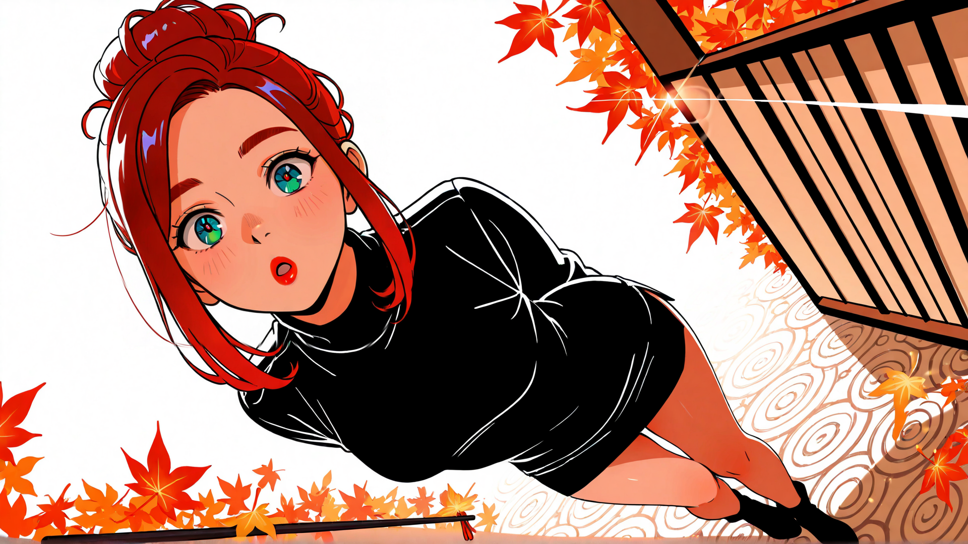 AI generated wallpaper featuring woman, red hair, maple leaves, black dress, anime style