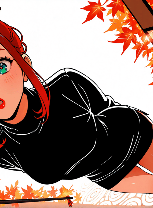 woman, red hair, maple leaves, black dress, anime style