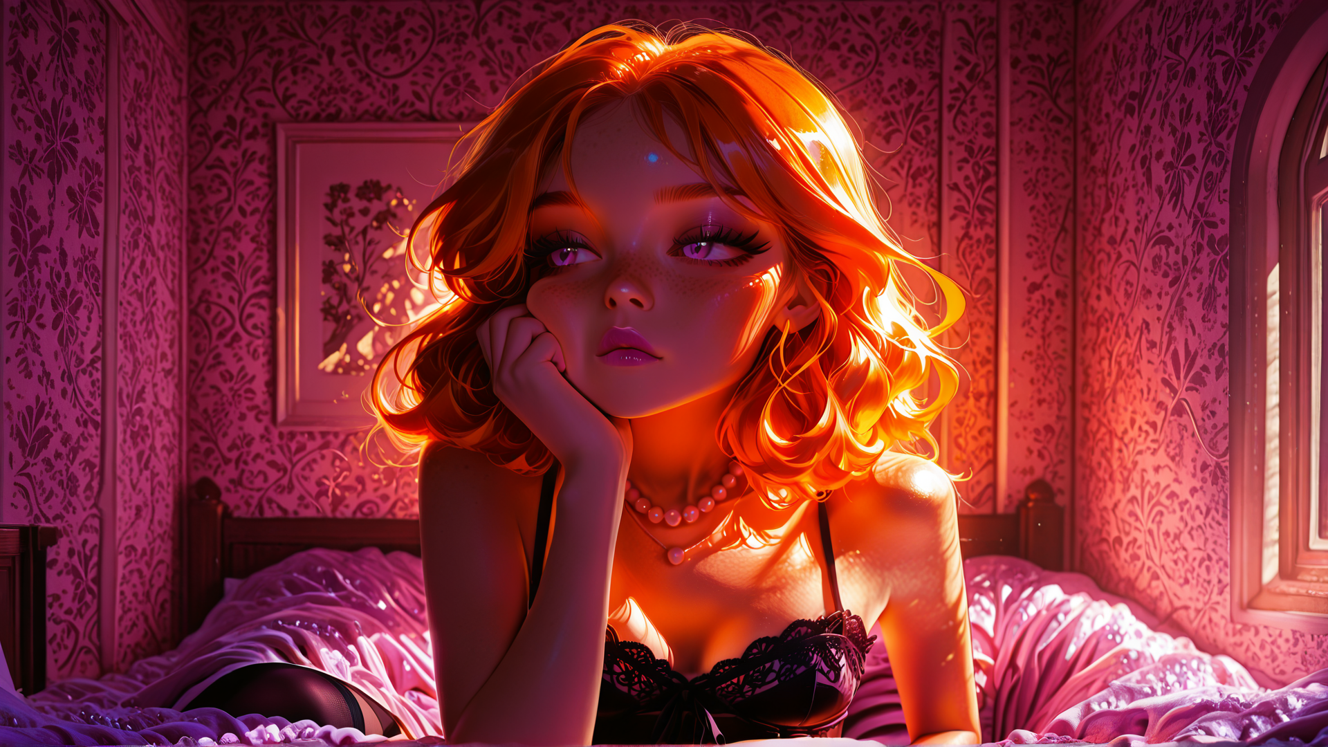 AI generated wallpaper featuring woman, bed, curtains, wallpaper, necklace, bedding, laptop, window, hair, room