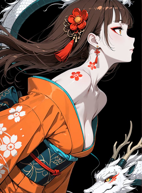 girl, dragon, kimono