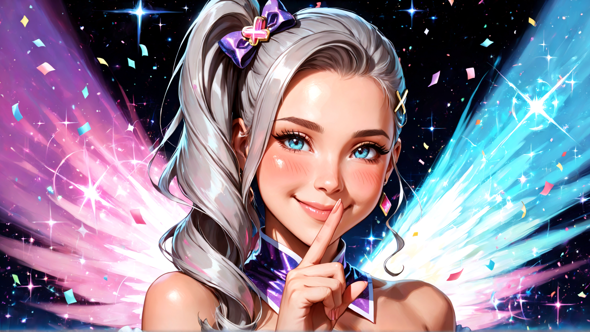 AI generated wallpaper featuring girl, celestial, confetti, stars, butterfly, bow, wings