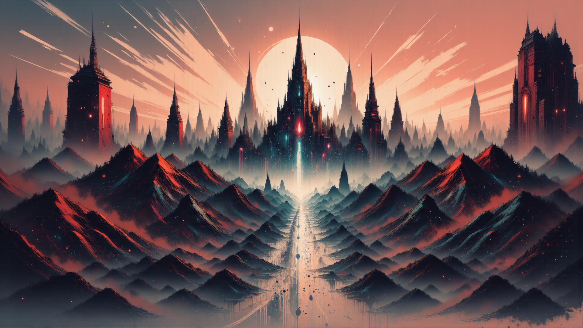 AI generated wallpaper featuring castle, mountains, city, sun, sky, spires, path, lights, clouds, stars