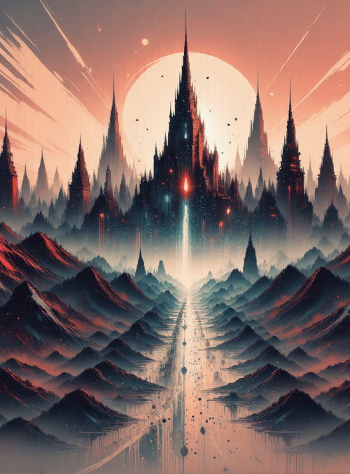 castle, mountains, city, sun, sky, spires, path, lights, clouds, stars