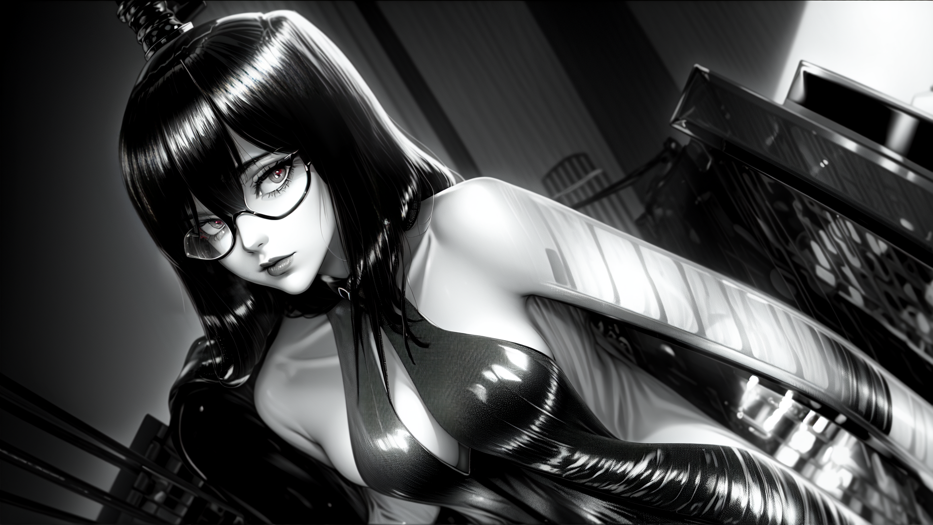 AI generated wallpaper featuring woman, glasses, piano