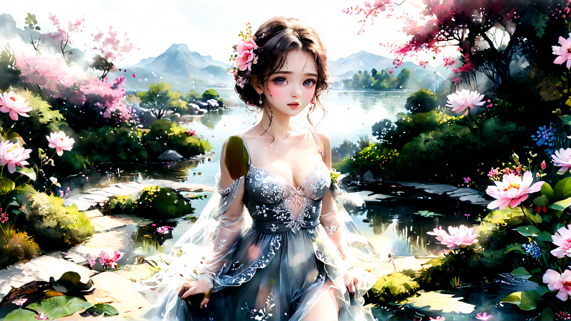 AI generated wallpaper featuring woman, flower, lake