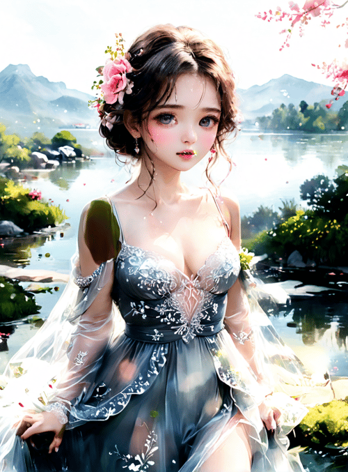 woman, flower, lake