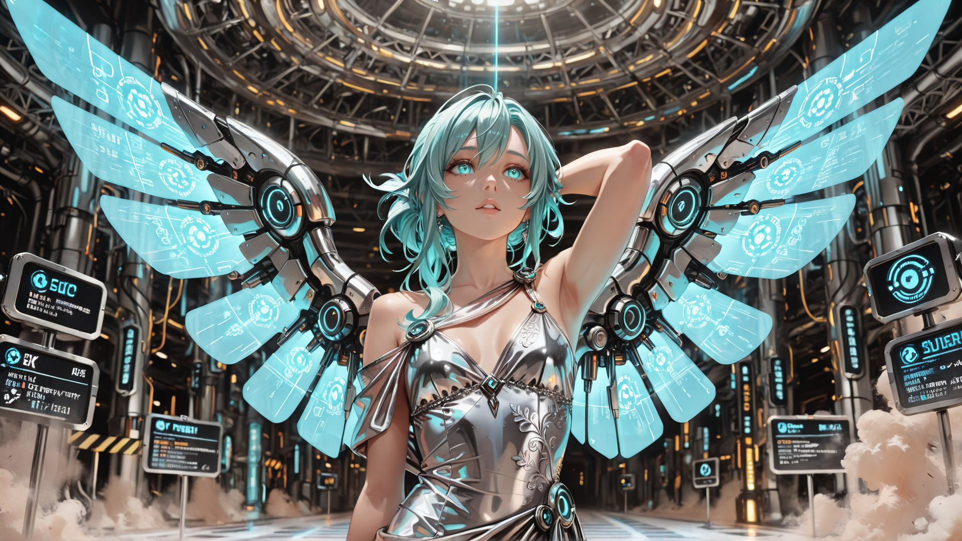 AI generated wallpaper featuring cyborg, woman, wings, futuristic, dress, robot, mechanical, gears, sleeves, digital