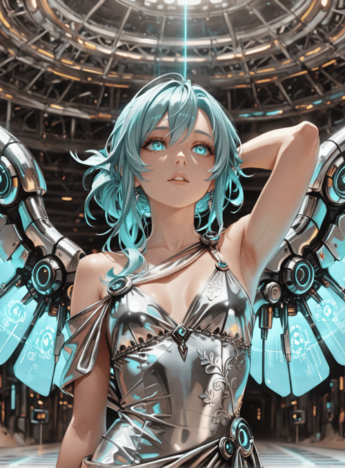 cyborg, woman, wings, futuristic, dress, robot, mechanical, gears, sleeves, digital