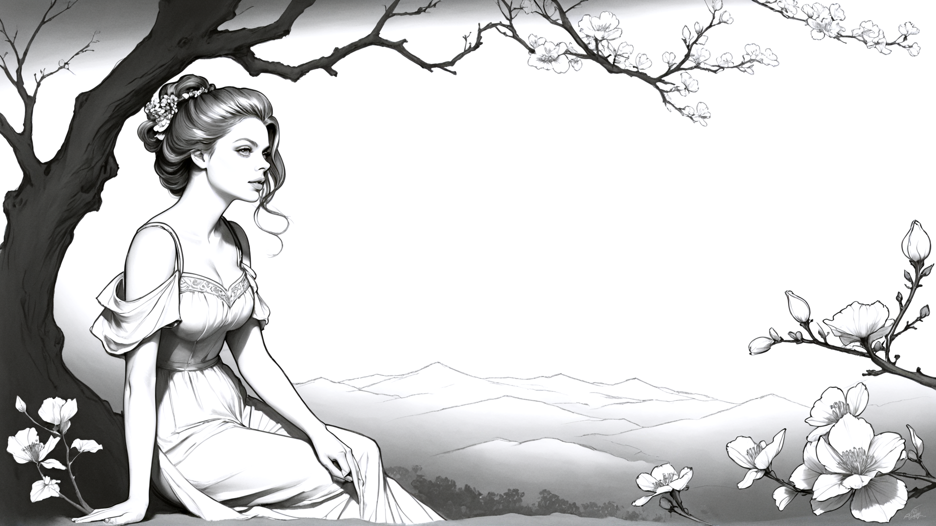 AI generated wallpaper featuring woman, tree, flowers, dress, mountains