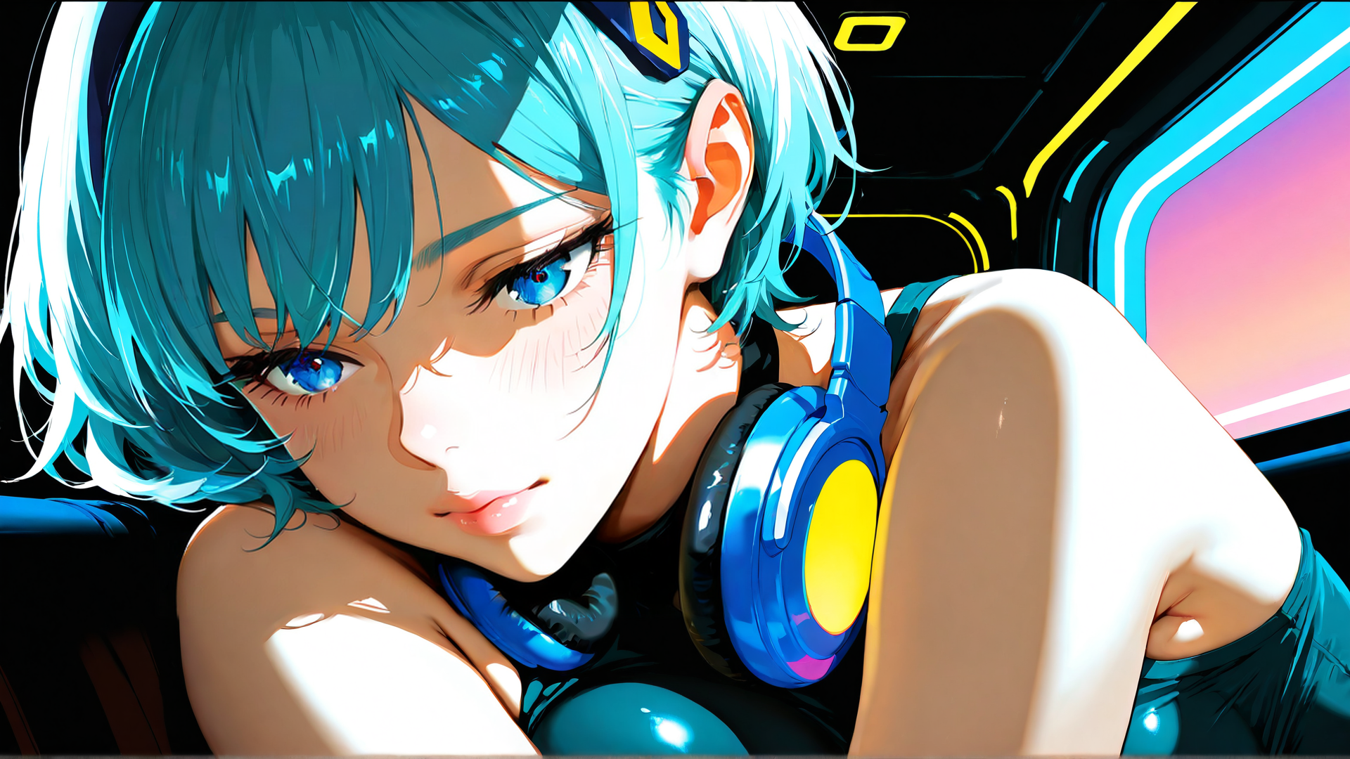 AI generated wallpaper featuring girl, headphones, hair, car, ears