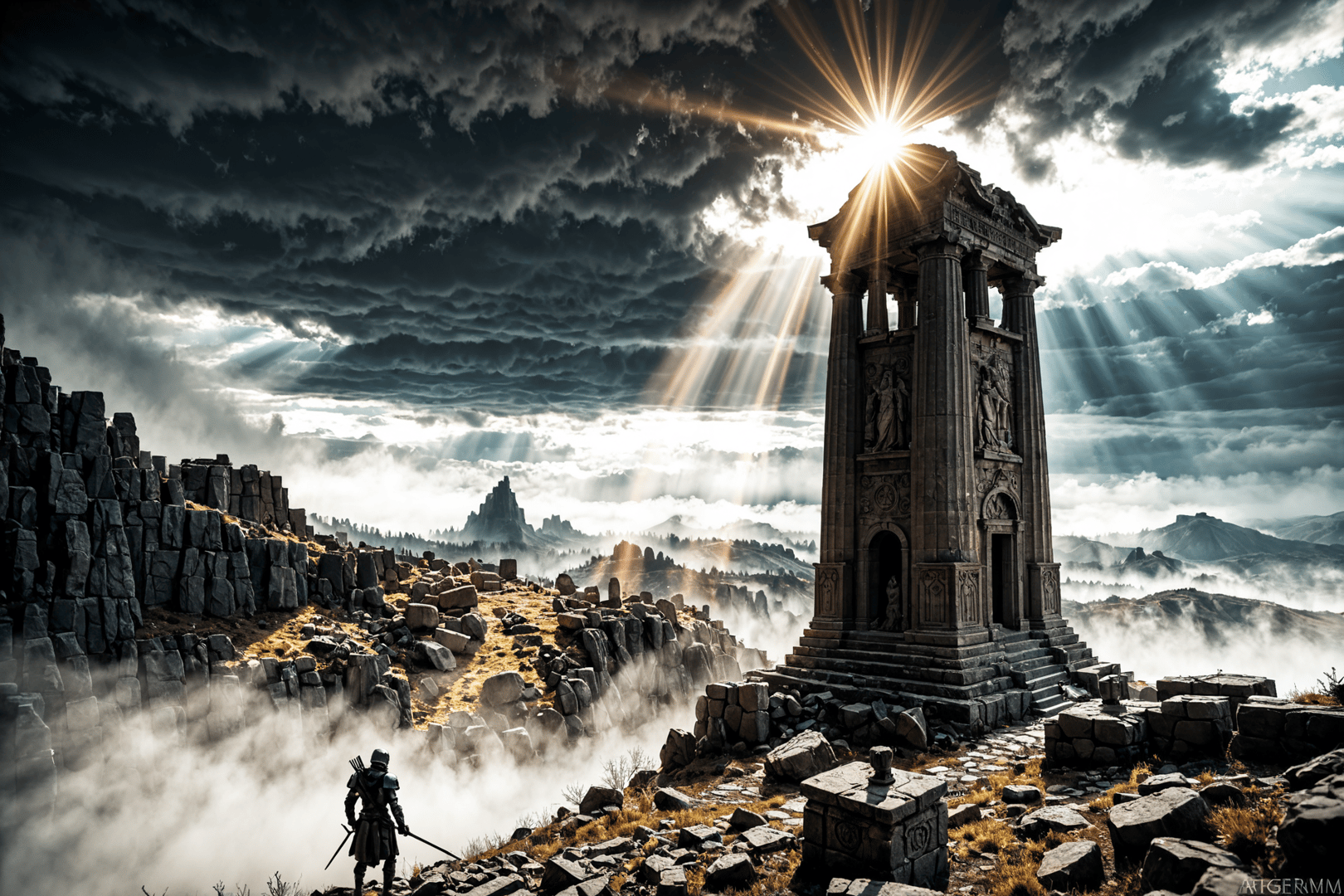 AI generated wallpaper featuring warrior, ancient monument, mountain landscape