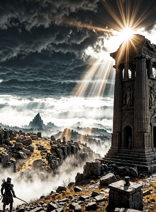 warrior, ancient monument, mountain landscape