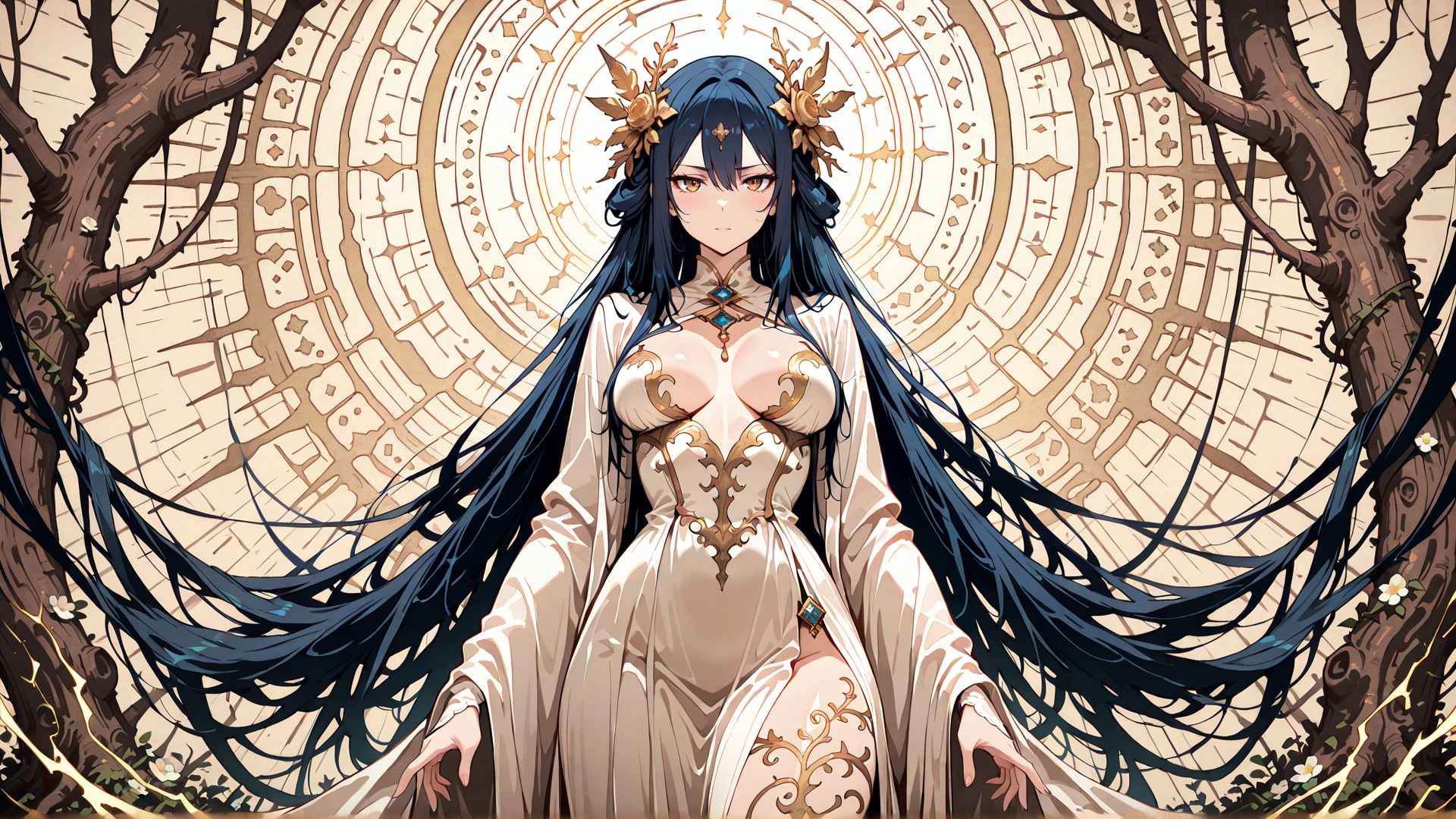 AI generated wallpaper featuring woman, trees, ornament, dress, hair
