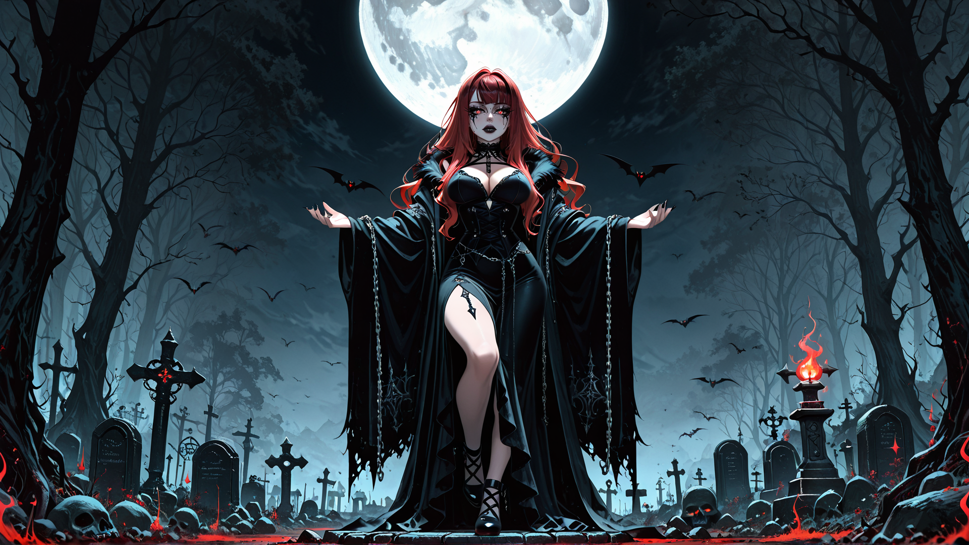 AI generated wallpaper featuring woman, vampire, bat, graveyard, moon, skull, cross, candle, tree, chain