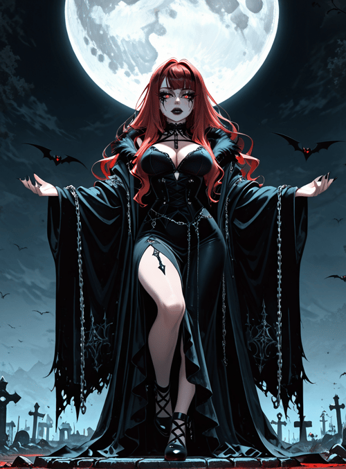 woman, vampire, bat, graveyard, moon, skull, cross, candle, tree, chain