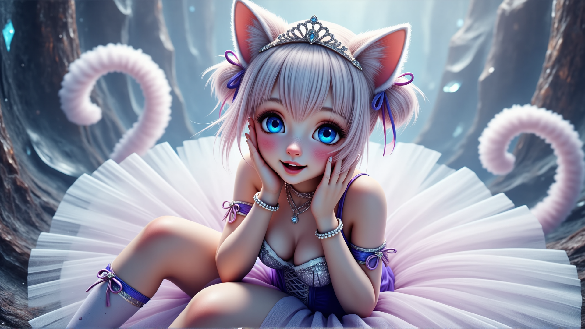 AI generated wallpaper featuring cat ears, princess, tutu, tiara, tutu skirt, purple bow, gloves, choker, anklet, furry tail