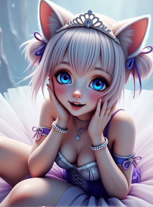 cat ears, princess, tutu, tiara, tutu skirt, purple bow, gloves, choker, anklet, furry tail