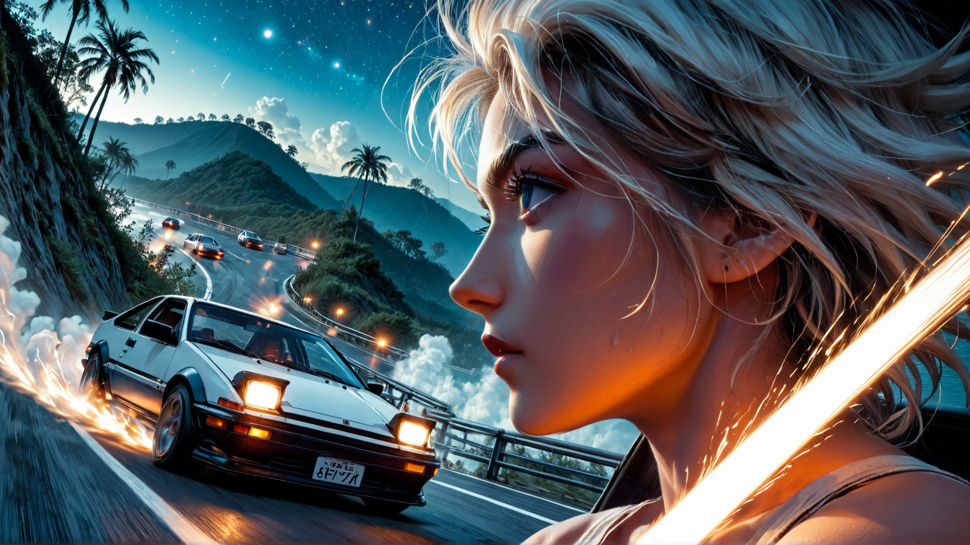 AI generated wallpaper featuring car, woman, road, palm tree, mountain, spark, sky, cloud, light, license plate