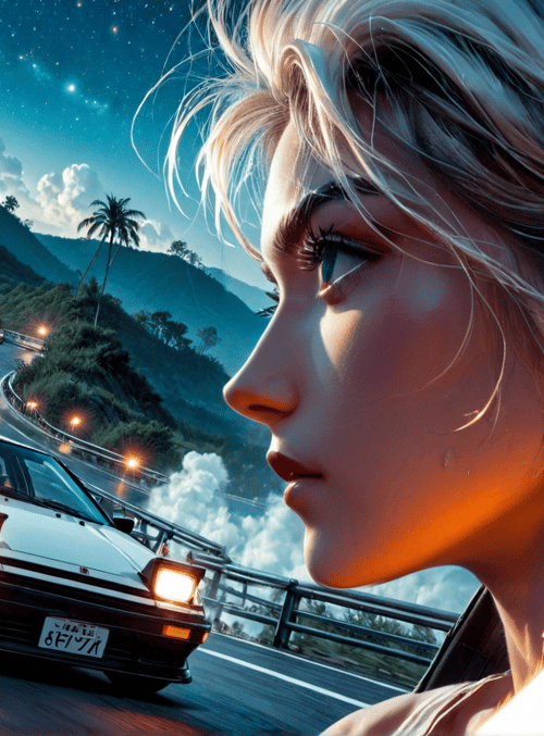 car, woman, road, palm tree, mountain, spark, sky, cloud, light, license plate