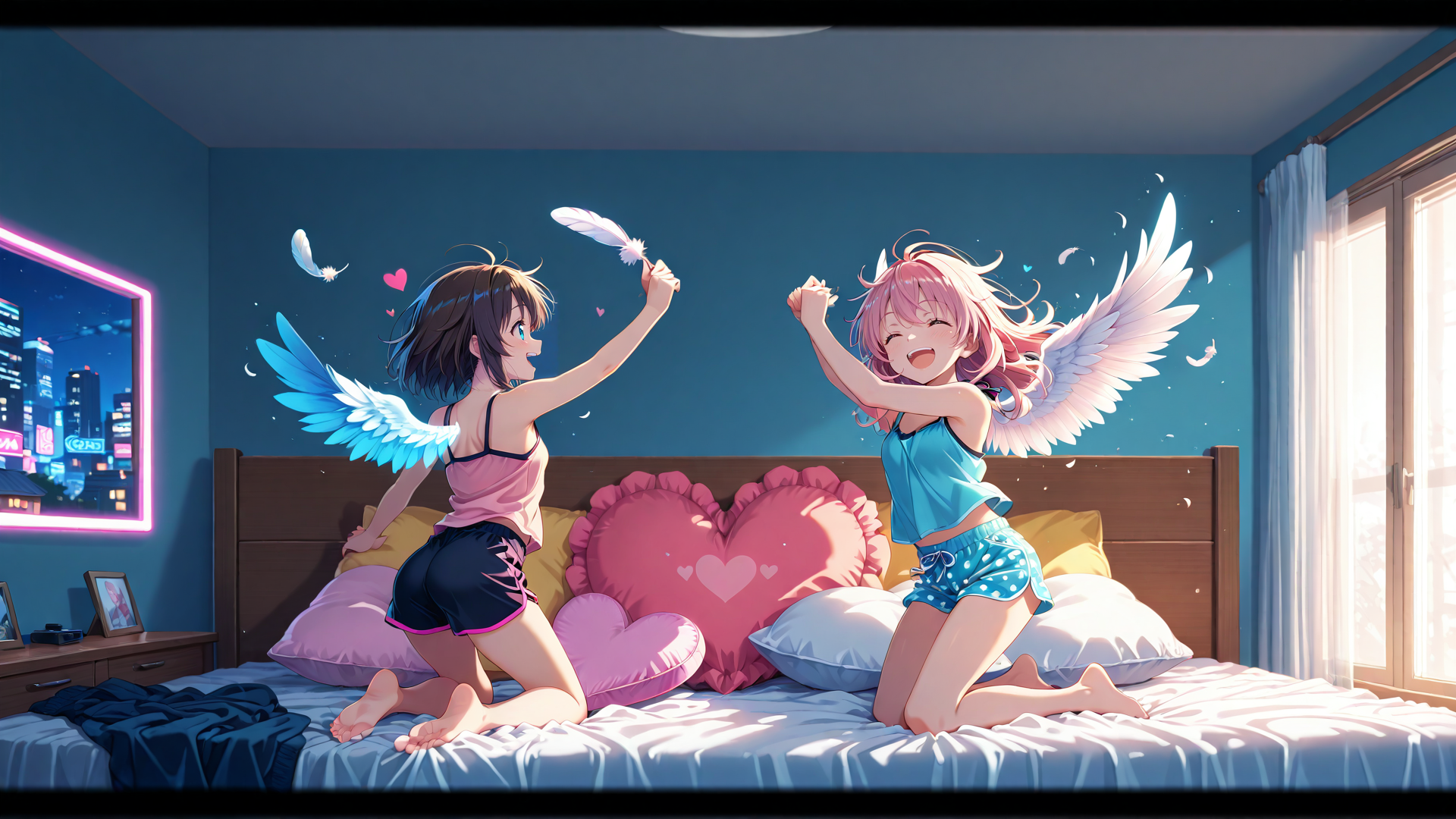 AI generated wallpaper featuring girls, angels, feathers