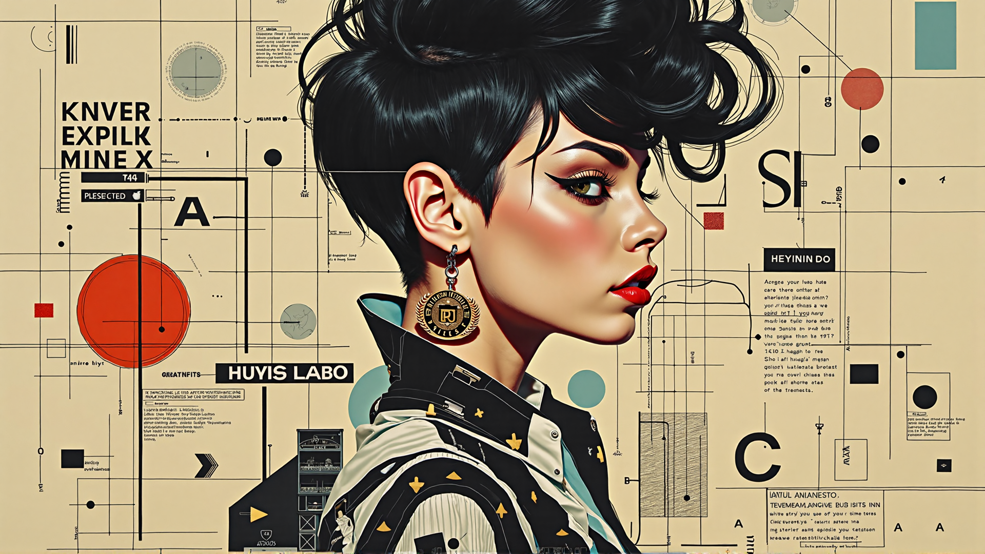 AI generated wallpaper featuring woman, hair, earring, graphic, text, design, collage, background, art, pattern