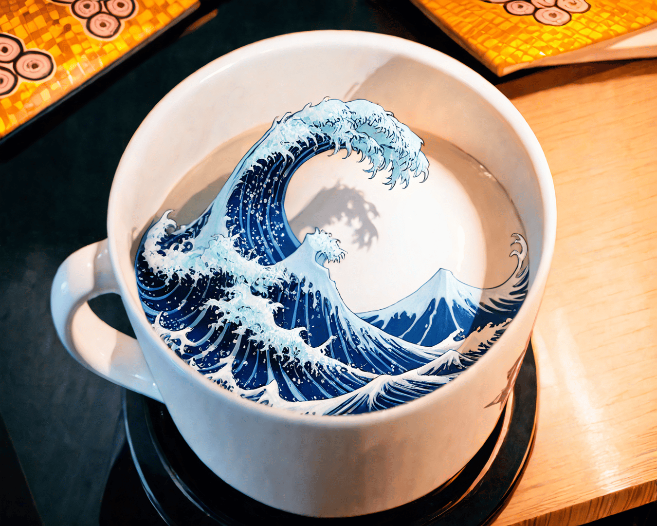 AI generated wallpaper featuring wave, cup, mountain