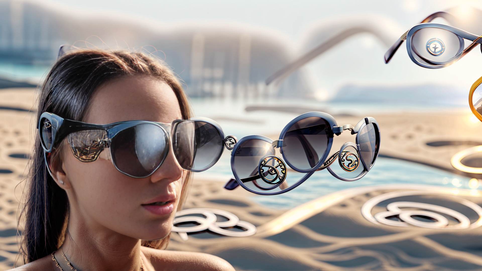 AI generated wallpaper featuring woman, sunglasses, beach