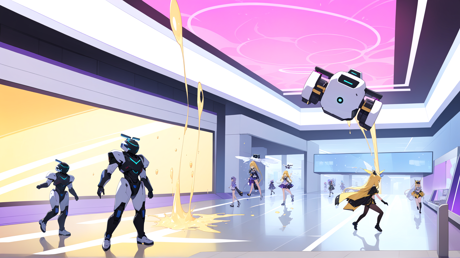 AI generated wallpaper featuring robots, characters, yellow liquid, syringe, hallway, anime style