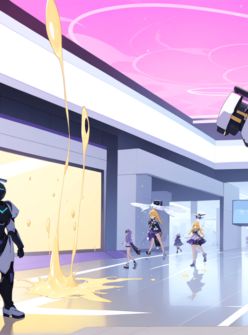 robots, characters, yellow liquid, syringe, hallway, anime style