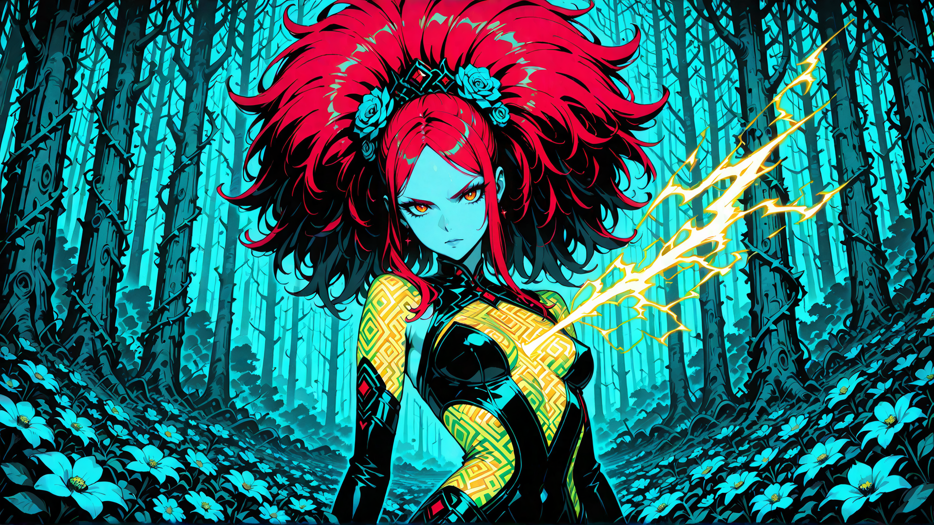 AI generated wallpaper featuring woman, forest, lightning