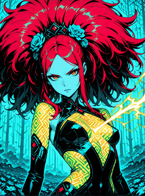 woman, forest, lightning