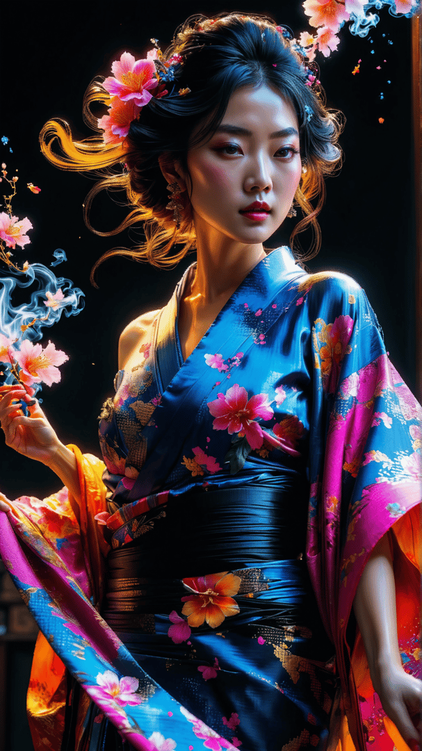 AI generated wallpaper featuring woman, kimono, flowers, sakura
