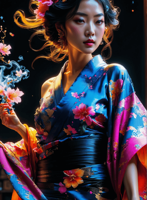 woman, kimono, flowers, sakura