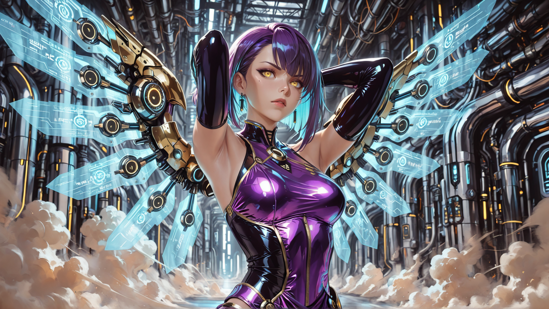 AI generated wallpaper featuring woman, cyborg, mechanical wings, futuristic armor