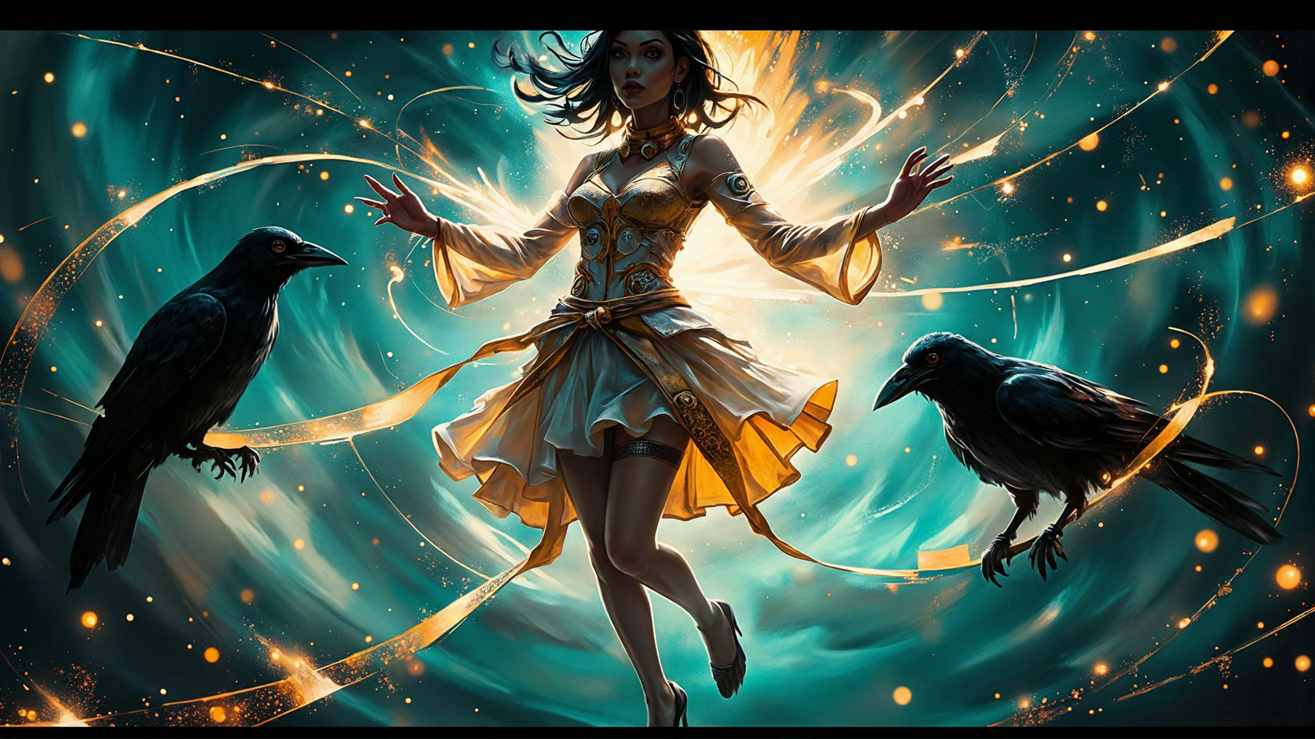 AI generated wallpaper featuring woman, crow, magic