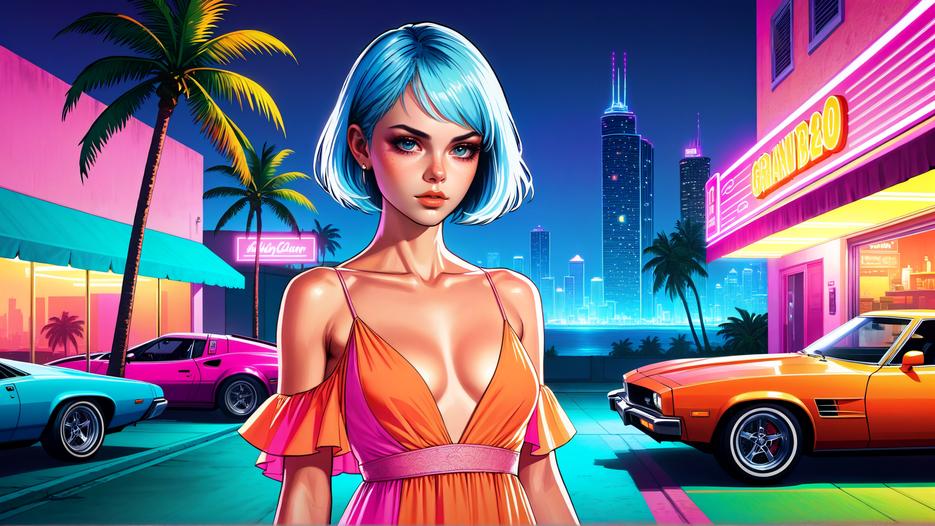 AI generated wallpaper featuring woman, palm tree, car