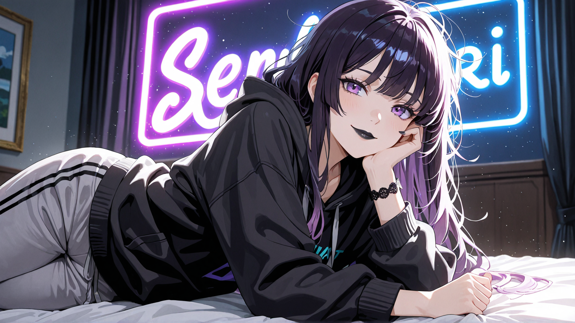AI generated wallpaper featuring anime girl, bed, neon sign, hoodie, pants, bracelet