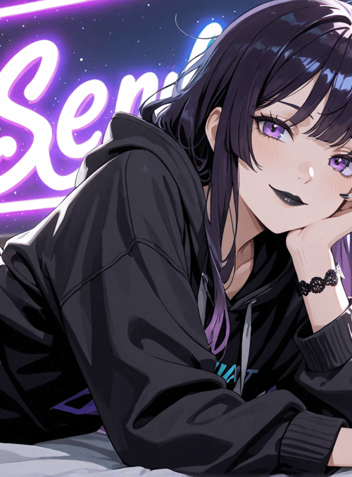 anime girl, bed, neon sign, hoodie, pants, bracelet