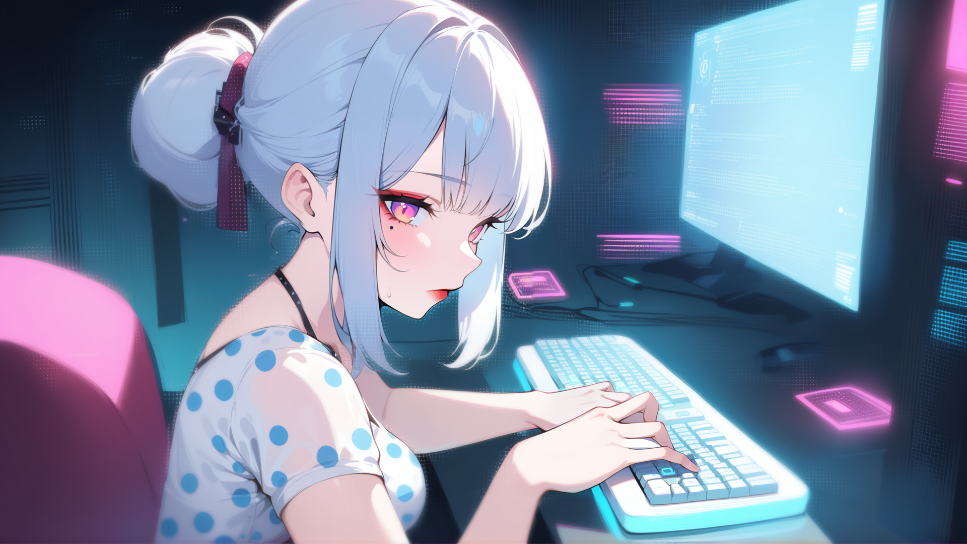 AI generated wallpaper featuring girl, computer, keyboard, monitor
