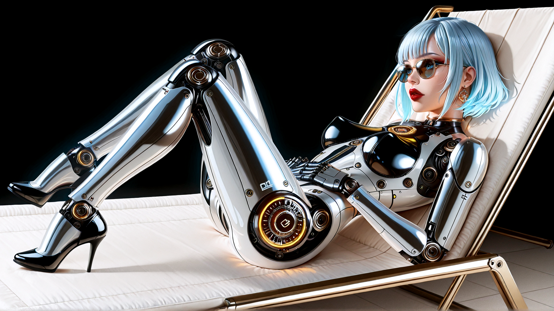 AI generated wallpaper featuring robot, cyborg, chaise lounge, sunglasses, high heels