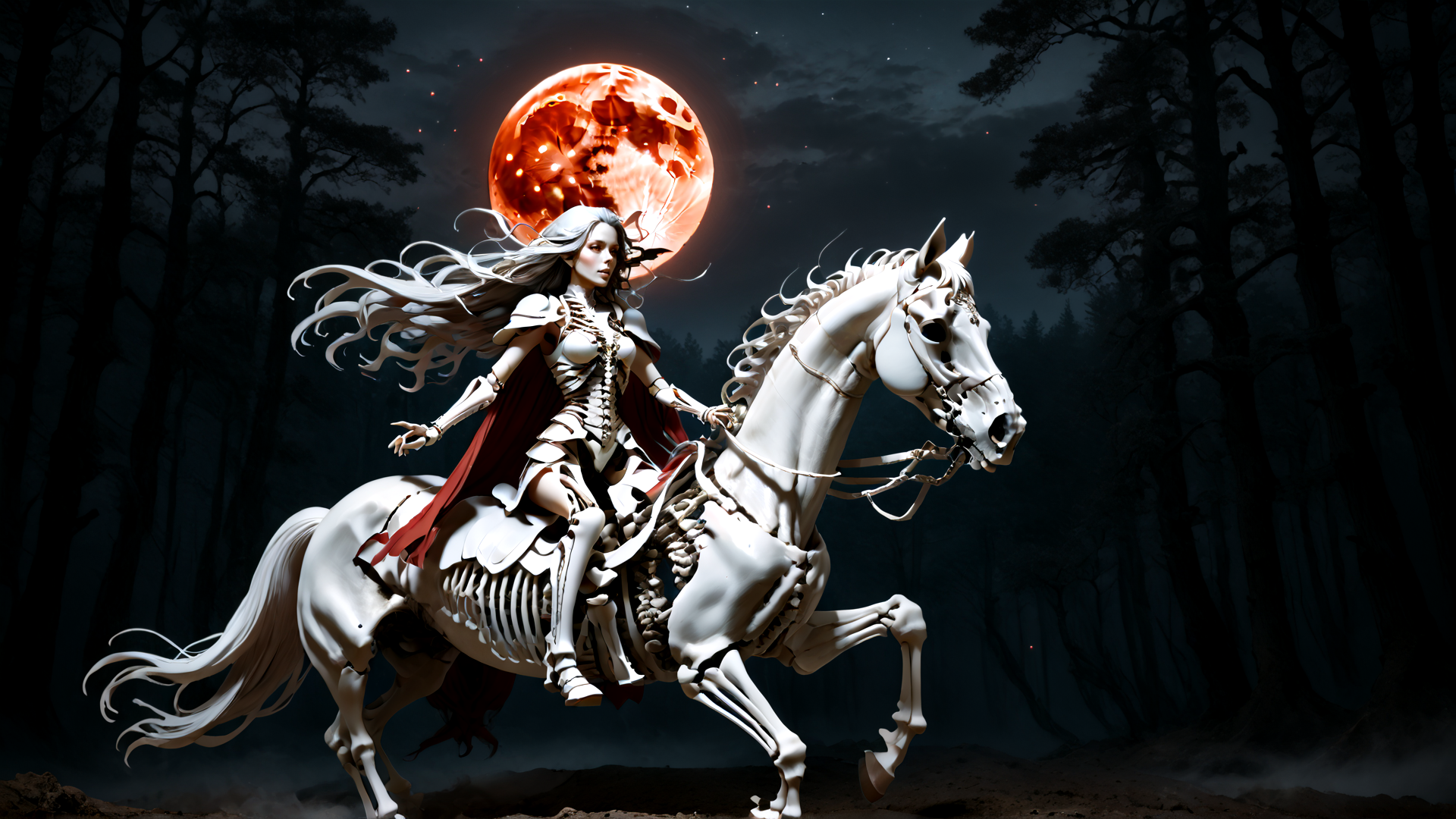 AI generated wallpaper featuring skeleton, woman, horse, forest, moon, red moon, cape