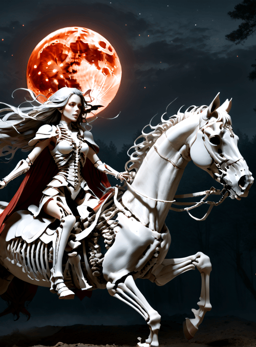 skeleton, woman, horse, forest, moon, red moon, cape